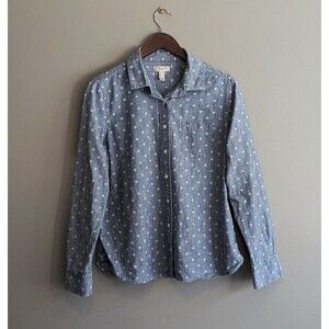 Lands' End Canvas Size Medium Denim Top Blue Polka Dots Button Up Shirt LS 1963